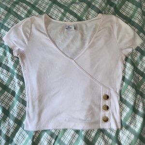 (Sold) Short Sleeve V Neck White Ribbed Crop Top Button Detail